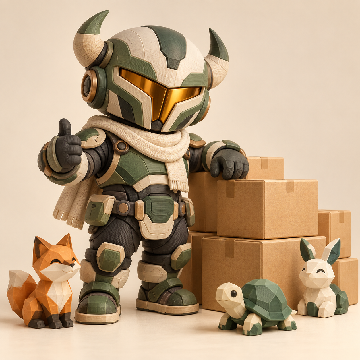 Personaje espacial de fantasía con casco y cuernos, junto a cajas y figuras 3D.